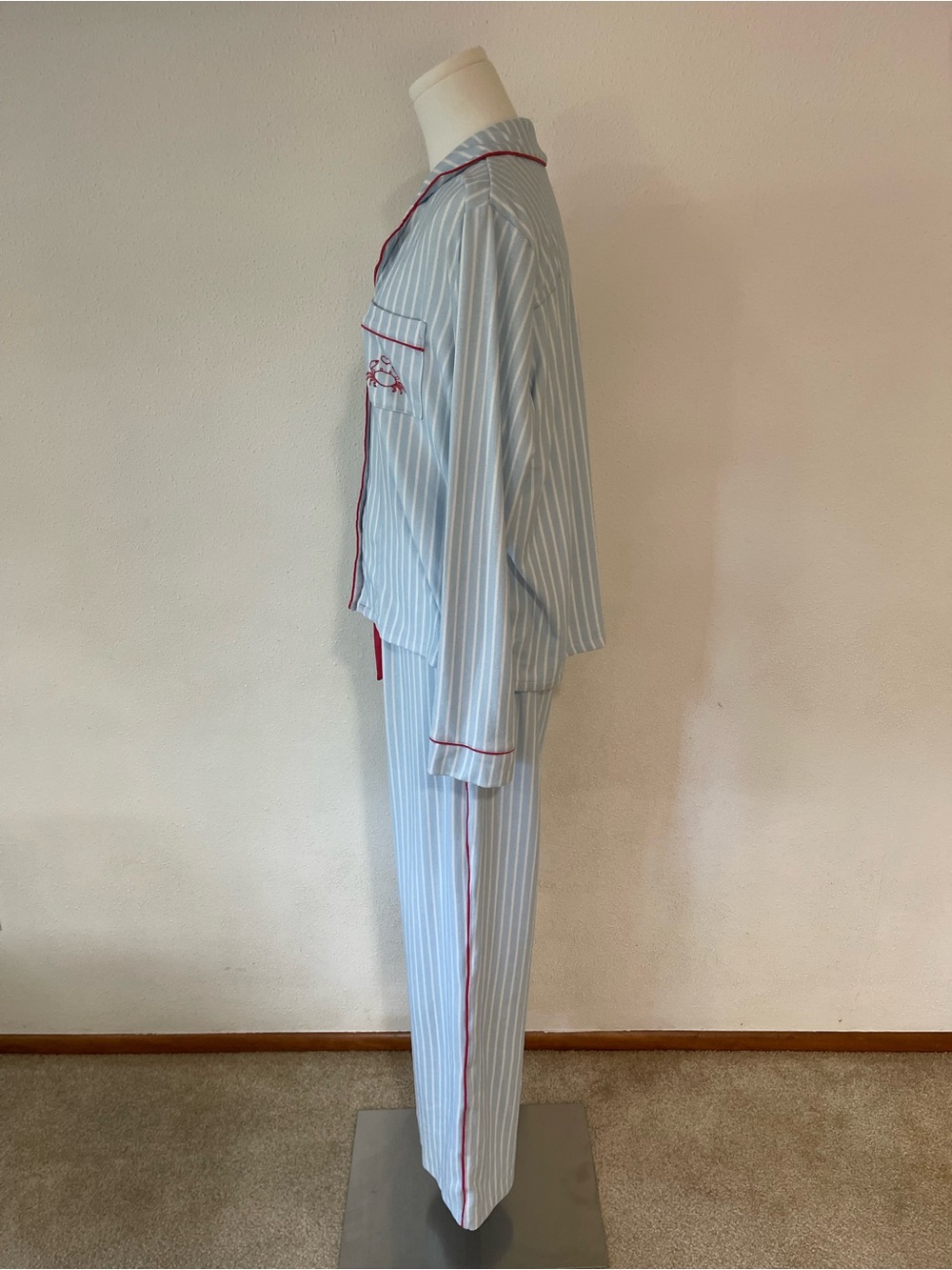P.J. Salvage Light Blue and White Striped Pajama Set with Red Trim - Picture 5 of 15